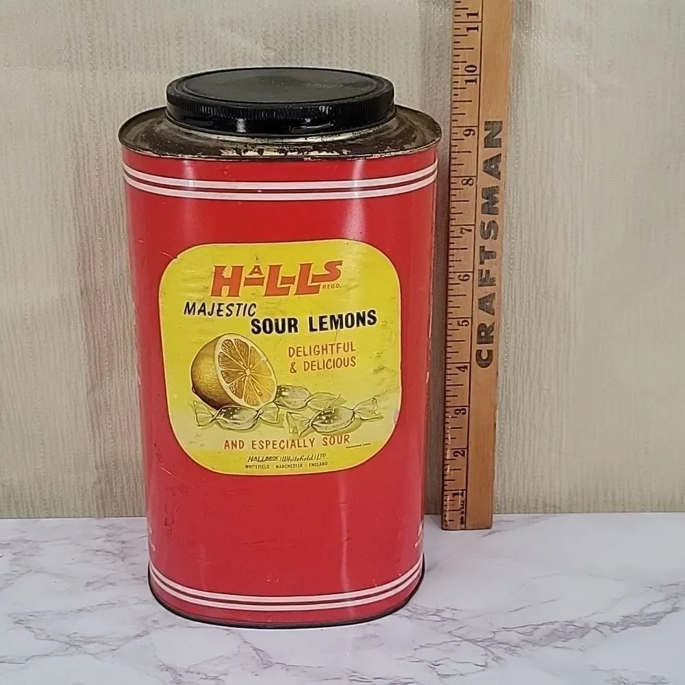 Halls Majestic Sour Lemons Vintage Advertising Tin Can Farmhouse Decor